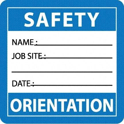 NMC - Safety Orientation - Name ____ Job Site ____ Date ____, Hard Hat Label - Blue/White/Black, 0.045" Thick, For Accident Prevention - Exact Tool & Supply