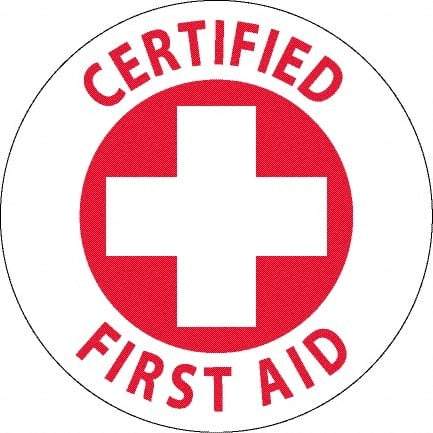 NMC - Certified First Aid, Hard Hat Label - Red on White, 0.045" Thick, For Accident Prevention - Exact Tool & Supply