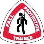 NMC - Fall Protection Trained, Hard Hat Label - Round, Black & Red on White, 0.004" Thick, Indoor or Outdoor, Adhesive Backed, For Accident Prevention - Exact Tool & Supply