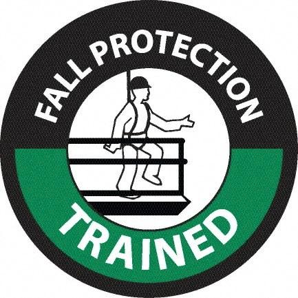 NMC - Fall Protection Trained, Hard Hat Label - Round, White & Green on Black, 0.004" Thick, Indoor or Outdoor, Adhesive Backed, For Accident Prevention - Exact Tool & Supply