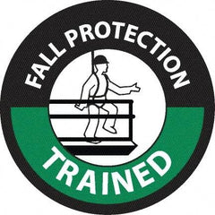 NMC - Fall Protection Trained, Hard Hat Label - Round, White & Green on Black, 0.004" Thick, Indoor or Outdoor, Adhesive Backed, For Accident Prevention - Exact Tool & Supply