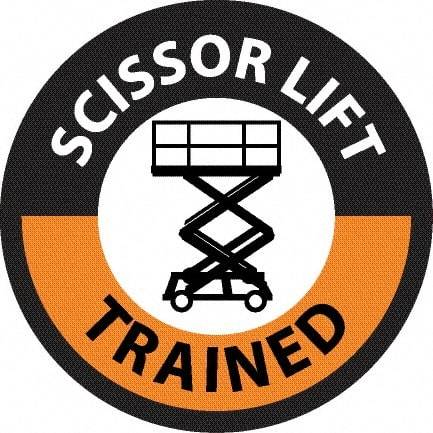 NMC - Scissor Lift Trained, Hard Hat Label - Round, Black & Orange on White, 0.004" Thick, Indoor or Outdoor, Adhesive Backed, For Accident Prevention - Exact Tool & Supply