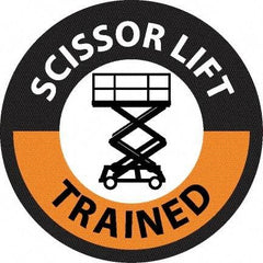 NMC - Scissor Lift Trained, Hard Hat Label - Round, Black & Orange on White, 0.004" Thick, Indoor or Outdoor, Adhesive Backed, For Accident Prevention - Exact Tool & Supply