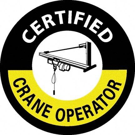 NMC - Certified Crane Operator, Hard Hat Label - Round, White & Yellow on Black, 0.004" Thick, Indoor or Outdoor, Adhesive Backed, For Certified Operator - Exact Tool & Supply