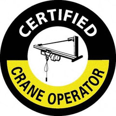 NMC - Certified Crane Operator, Hard Hat Label - Round, White & Yellow on Black, 0.004" Thick, Indoor or Outdoor, Adhesive Backed, For Certified Operator - Exact Tool & Supply