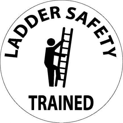 NMC - Ladder Safety Trained, Hard Hat Label - Round, Black on White, 0.004" Thick, Indoor or Outdoor, Adhesive Backed, For Accident Prevention - Exact Tool & Supply