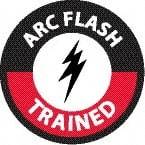 NMC - Arc Flash Trained, Hard Hat Label - Round, White & Red on Black, 0.004" Thick, Indoor or Outdoor, Adhesive Backed, For Accident Prevention - Exact Tool & Supply