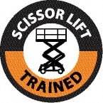 NMC - Scissor Lift Trained, Hard Hat Label - Round, Black & Orange on White, 0.004" Thick, Indoor or Outdoor, Adhesive Backed, For Accident Prevention - Exact Tool & Supply
