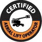 NMC - Certified Aerial Lift Operator, Hard Hat Label - Round, Black & Orange on White, 0.004" Thick, Indoor or Outdoor, Adhesive Backed, For Certified Operator - Exact Tool & Supply