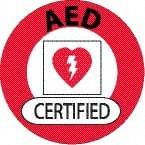 NMC - AED Certified, Hard Hat Label - Round, Black & Red on White, 0.004" Thick, Indoor or Outdoor, Adhesive Backed, For Certified Operator - Exact Tool & Supply