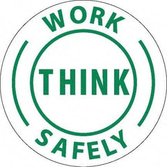 NMC - Work Think Safely, Hard Hat Label - Round, Green on White, 0.004" Thick, Indoor or Outdoor, Adhesive Backed, For Accident Prevention - Exact Tool & Supply