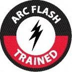 NMC - Arc Flash Trained, Hard Hat Label - Round, White & Red on Black, 0.004" Thick, Indoor or Outdoor, Adhesive Backed, For Accident Prevention - Exact Tool & Supply