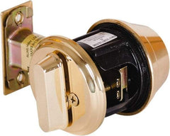 Stanley - 1-3/8 to 2" Door Thickness, Bright Brass Finish, Single Cylinder Deadbolt - Nonhanded Handling, Key Override, Single Cylinder - Exact Tool & Supply