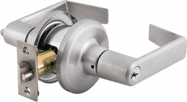 Stanley - Grade 2 Classroom Lever Lockset - 2-3/8 & 2-3/4" Back Set, Brass Alloy, Satin Chrome Finish - Exact Tool & Supply