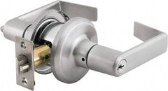 Stanley - Grade 2 Classroom Lever Lockset - 2-3/8 & 2-3/4" Back Set, Brass Alloy, Satin Chrome Finish - Exact Tool & Supply