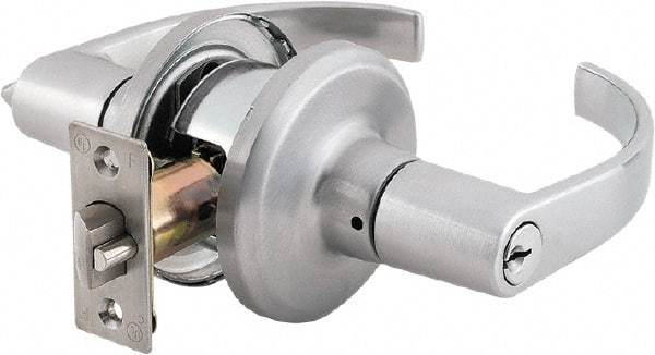 Stanley - Grade 2 Office Lever Lockset - 2-3/8 & 2-3/4" Back Set, Brass Alloy, Satin Chrome Finish - Exact Tool & Supply