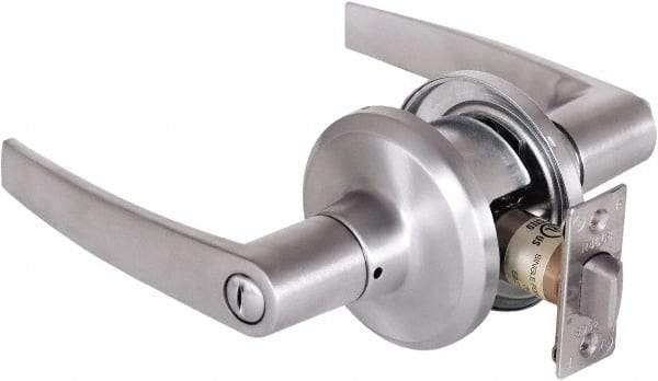 Stanley - Grade 2 Privacy Lever Lockset - 2-3/8 & 2-3/4" Back Set, Keyless Cylinder, Brass Alloy, Satin Chrome Finish - Exact Tool & Supply