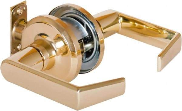 Stanley - Grade 2 Passage Lever Lockset - 2-3/8 & 2-3/4" Back Set, Keyless Cylinder, Brass Alloy, Bright Brass Finish - Exact Tool & Supply