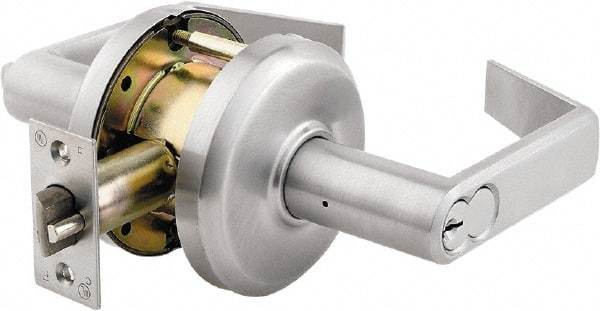 Stanley - Grade 2 Storeroom Lever Lockset - 2-3/4" Back Set, Key In Lever Cylinder, Brass Alloy, Satin Chrome Finish - Exact Tool & Supply