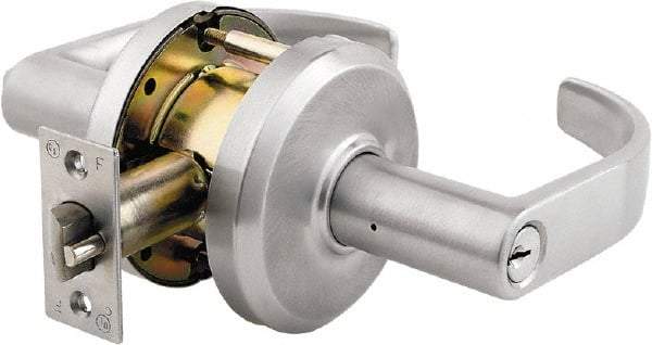 Stanley - Grade 2 Storeroom Lever Lockset - 2-3/4" Back Set, Key In Lever Cylinder, Brass Alloy, Satin Chrome Finish - Exact Tool & Supply