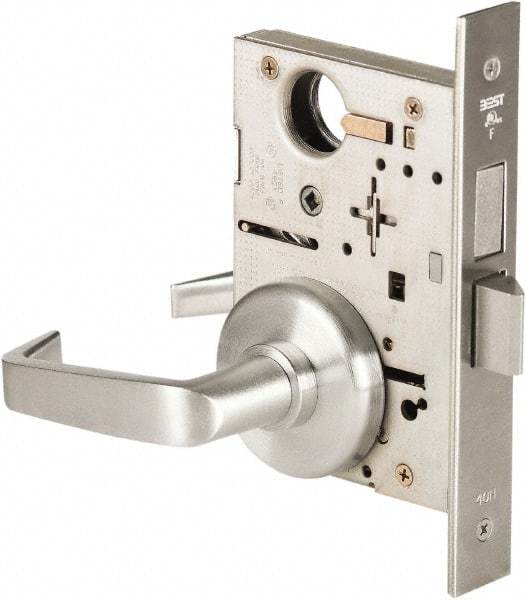 Best - Grade 1 Privacy Lever Lockset - 2-3/4" Back Set, Keyless Cylinder, Brass Alloy, Satin Chrome Finish - Exact Tool & Supply