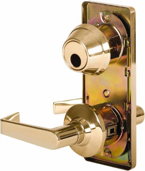 Stanley - Grade 2 Passage Lever Lockset - 2-3/4" Back Set, Keyless Cylinder, Brass Alloy, Bright Brass Finish - Exact Tool & Supply
