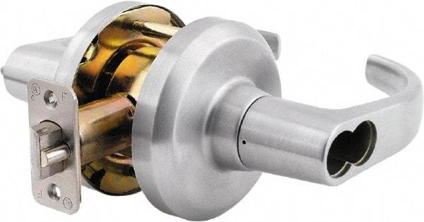 Stanley - Grade 1 Storeroom Lever Lockset - 2-3/4" Back Set, Key In Lever Cylinder, Brass Alloy, Satin Chrome Finish - Exact Tool & Supply