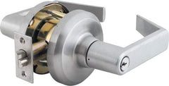 Stanley - Grade 1 Storeroom Lever Lockset - 2-3/4" Back Set, Key In Lever Cylinder, Brass Alloy, Satin Chrome Finish - Exact Tool & Supply