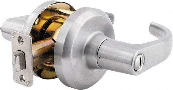 Stanley - Grade 1 Privacy Lever Lockset - 2-3/4" Back Set, Key In Lever Cylinder, Brass Alloy, Satin Chrome Finish - Exact Tool & Supply