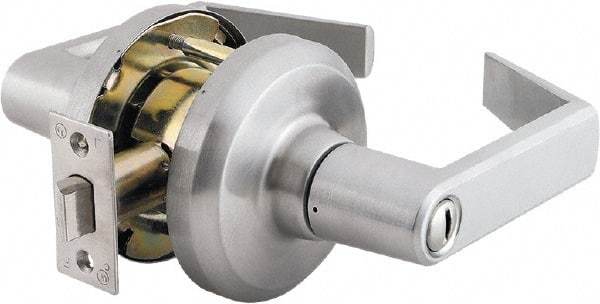 Stanley - Grade 1 Privacy Lever Lockset - 2-3/4" Back Set, Keyless Cylinder, Brass Alloy, Satin Chrome Finish - Exact Tool & Supply