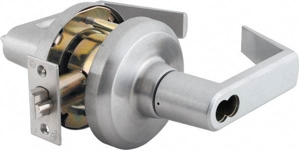 Stanley - Grade 1 Storeroom Lever Lockset - 2-3/4" Back Set, Key In Lever Cylinder, Brass Alloy, Satin Chrome Finish - Exact Tool & Supply