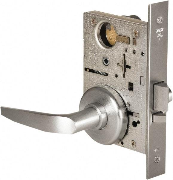 Stanley - Grade 1 Storeroom Lever Lockset - 2-3/4" Back Set, Best SFIC Cylinder, Brass Alloy, Satin Chrome Finish - Exact Tool & Supply