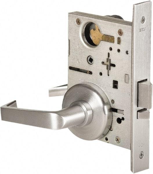 Stanley - Grade 1 Storeroom Lever Lockset - 2-3/4" Back Set, Best SFIC Cylinder, Brass Alloy, Satin Chrome Finish - Exact Tool & Supply