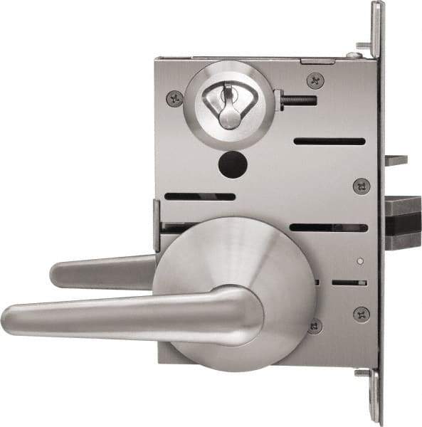 Stanley - Grade 1 Privacy Lever Lockset - 2-3/4" Back Set, Best SFIC Cylinder, Brass Alloy, Satin Stainless Steel Finish - Exact Tool & Supply