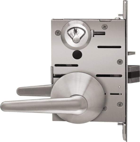 Stanley - Grade 1 Privacy Lever Lockset - 2-3/4" Back Set, Best SFIC Cylinder, Brass Alloy, Satin Stainless Steel Finish - Exact Tool & Supply