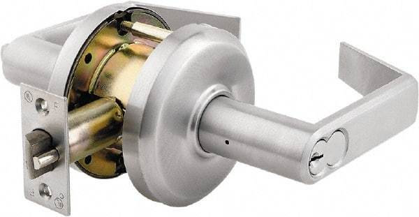 Stanley - Grade 2 Classroom Lever Lockset - 2-3/4" Back Set, Small Format I/C Less Cylinder, Brass Alloy, Satin Chrome Finish - Exact Tool & Supply