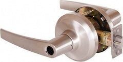 Stanley - Grade 1 Entrance Lever Lockset - 2-3/4" Back Set, Key In Lever Cylinder, Brass Alloy, Satin Nickel Finish - Exact Tool & Supply
