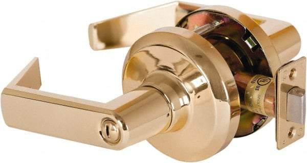 Stanley - Grade 1 Privacy Lever Lockset - 2-3/4" Back Set, Keyless Cylinder, Brass Alloy, Bright Brass Finish - Exact Tool & Supply