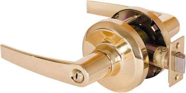 Stanley - Grade 1 Privacy Lever Lockset - 2-3/4" Back Set, Keyless Cylinder, Brass Alloy, Bright Brass Finish - Exact Tool & Supply