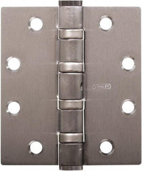 Stanley - 5" Long x 5" Wide Carbon Alloy Steel Full Mortise Hinge - Satin Chrome Plated Finish, 5 Knuckles, 8 Holes - Exact Tool & Supply