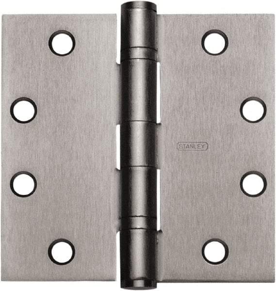 Stanley - 4" Long x 4" Wide Carbon Alloy Steel Full Mortise Hinge - Satin Chrome Plated Finish, 5 Knuckles, 8 Holes - Exact Tool & Supply