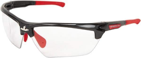 MCR Safety - Clear Lenses, Framed Safety Glasses - Anti-Fog, Gunmetal, Red Thermoplastic Rubber Frame, Adjustable Temples, Size Universal, Wrap Around - Exact Tool & Supply