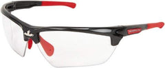 MCR Safety - Clear Lenses, Framed Safety Glasses - Anti-Fog, Gunmetal, Red Thermoplastic Rubber Frame, Adjustable Temples, Size Universal, Wrap Around - Exact Tool & Supply
