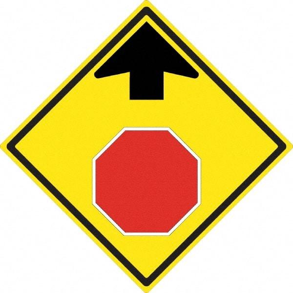 NMC - "Up Arrow, Stop Symbol", 24" Wide x 24" High, Aluminum Stop & Yield Signs - 0.08" Thick, Red & Black on Yellow, High Intensity Reflectivity, Diamond, Post Mount - Exact Tool & Supply