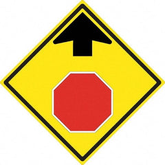 NMC - "Up Arrow, Stop Symbol", 24" Wide x 24" High, Aluminum Stop & Yield Signs - 0.08" Thick, Red & Black on Yellow, High Intensity Reflectivity, Diamond, Post Mount - Exact Tool & Supply