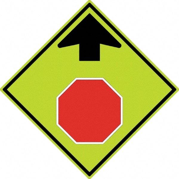 NMC - "Up Arrow, Stop Symbol", 30" Wide x 30" High, Aluminum Stop & Yield Signs - 0.08" Thick, Red & Black on Yellow, Diamond Grade Reflectivity, Diamond, Post Mount - Exact Tool & Supply
