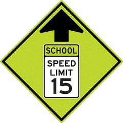 NMC - "School Speed Limit 15", "Up Arrow", 30" Wide x 30" High, Aluminum Warning & Safety Reminder Signs - 0.08" Thick, Black/Green, Diamond Grade Reflectivity, Diamond, Post Mount - Exact Tool & Supply