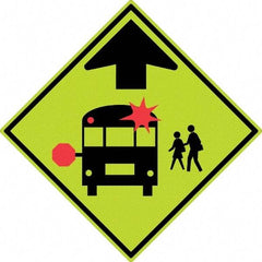 NMC - "School Bus", 30" Wide x 30" High, Aluminum Warning & Safety Reminder Signs - 0.08" Thick, Red & Black on Yellow, Diamond Grade Reflectivity, Diamond, Post Mount - Exact Tool & Supply