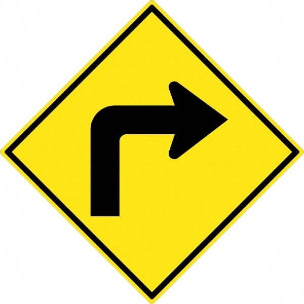 NMC - "Right Turn Arrow", 30" Wide x 30" High, Aluminum Traffic Control Signs - 0.08" Thick, Black on Yellow, High Intensity Reflectivity, Diamond, Post Mount - Exact Tool & Supply