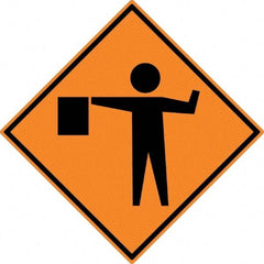 NMC - "Worker w/Directional Flag", 30" Wide x 30" High, Aluminum Construction Roadway Signs - 0.08" Thick, Black on Orange, High Intensity Reflectivity, Diamond, Post Mount - Exact Tool & Supply
